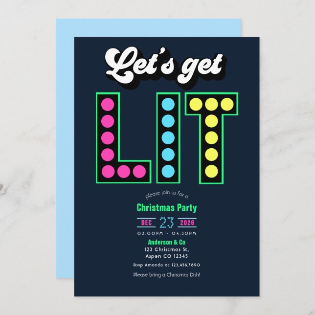 Northern Lights Lets Get Lit Retro Christmas Party Invitation (Front/Back)