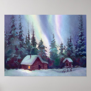 NORTHERN LIGHTS & LOG CABIN by SHARON SHARPE Poster