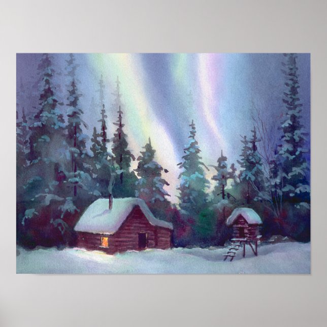 NORTHERN LIGHTS & LOG CABIN by SHARON SHARPE Poster (Front)