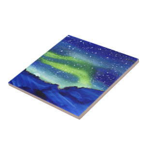 Northern Lights Moon Stars Blue Green Tile