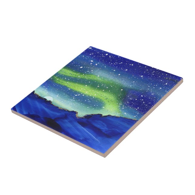 Northern Lights Moon Stars Blue Green  Tile (Side)