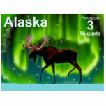Northern Lights Moose - Alaska Postage Photo Sculpture Magnet<br><div class="desc">This is one of a series of postage stamps of a mythical independant Alaska. An ever so slightly stylised image of a moose silhouetted against the green and glowing Northern Lights.  Text reading "Alaska" and "Postage 3 Nuggets" also appears.</div>