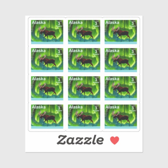 Northern Lights Moose - Alaska Postage Sticker (Sheet)