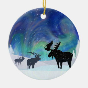 Northern Lights Moose and Elk Ceramic Tree Decoration