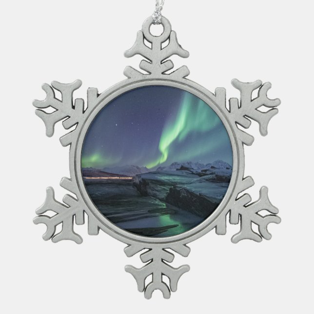 Northern Lights Norway Snowflake Pewter Christmas Ornament (Front)