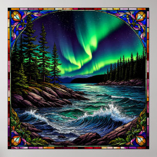 Northern Lights Over a Vibrant Coastal Landscape Poster