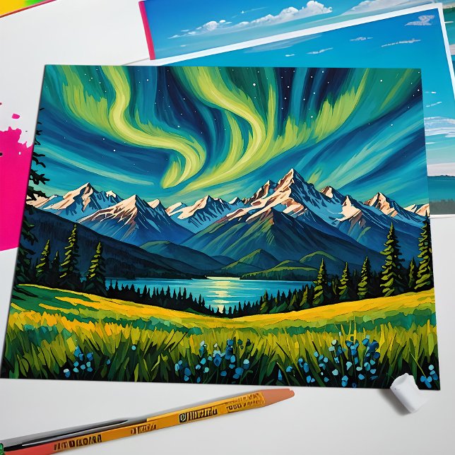 Northern Lights Over Olympic Mountains Landscape Postcard (Northern lights over Olympic mountain landscape Washington state travel postcard art)