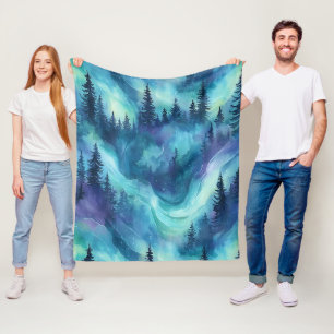 Northern Lights Pine Forest Winter Night Glow Fleece Blanket