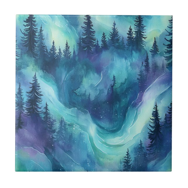 Northern Lights Pine Forest Winter Night Glow Tile (Front)