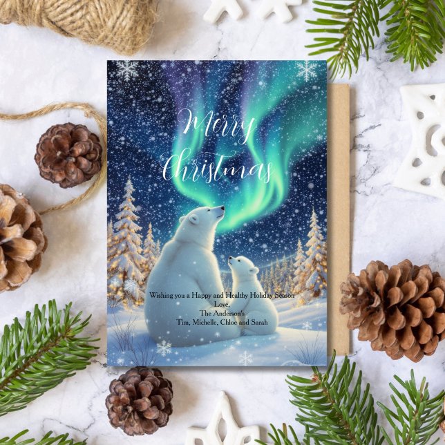 Northern Lights Polar Bear Holiday Christmas Card (Northern Lights Polar Bears Winter Holiday Christmas Greeting Card. Printed or Digital Download)