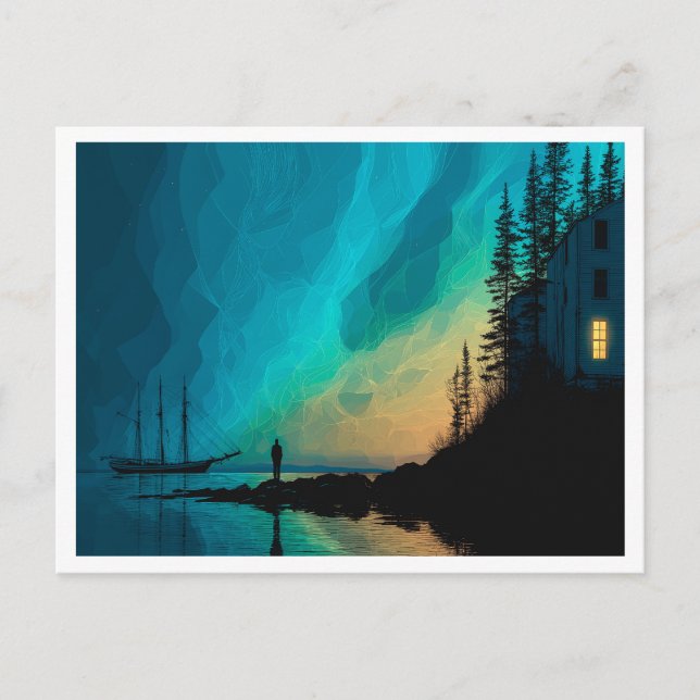 Northern Lights, sloop by the sea, interior light Postcard (Front)