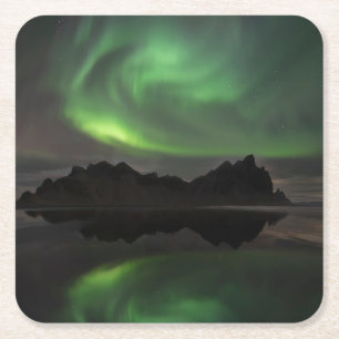 Northern Lights Vestrahorn Beach Hofn, Iceland Square Paper Coaster