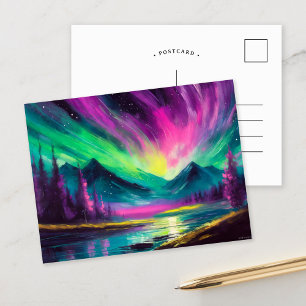 Northern Lights Vibrant Abstract Night Landscape Postcard