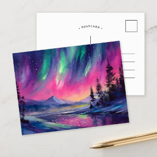Northern Lights Vibrant Abstract Night Landscape Postcard