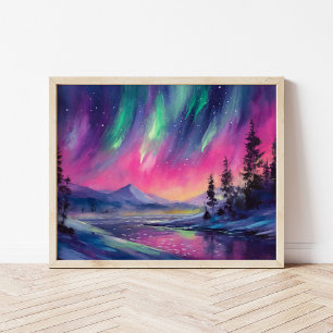 Northern Lights Vibrant Abstract Night Landscape Poster