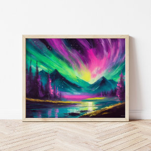 Northern Lights Vibrant Abstract Night Landscape Poster