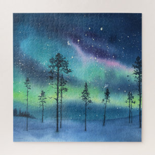 Northern lights, watercolor landscape jigsaw puzzle