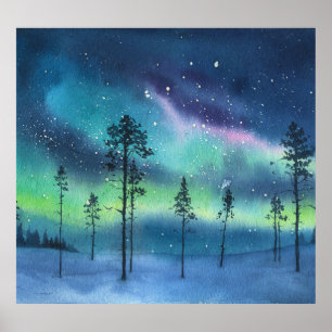 Northern lights, watercolor landscape poster