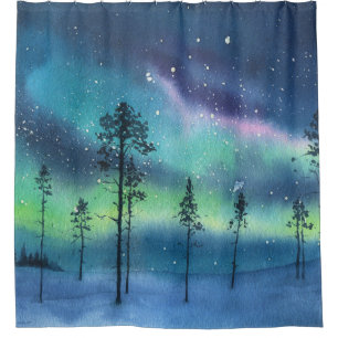 Northern lights, watercolor landscape shower curtain