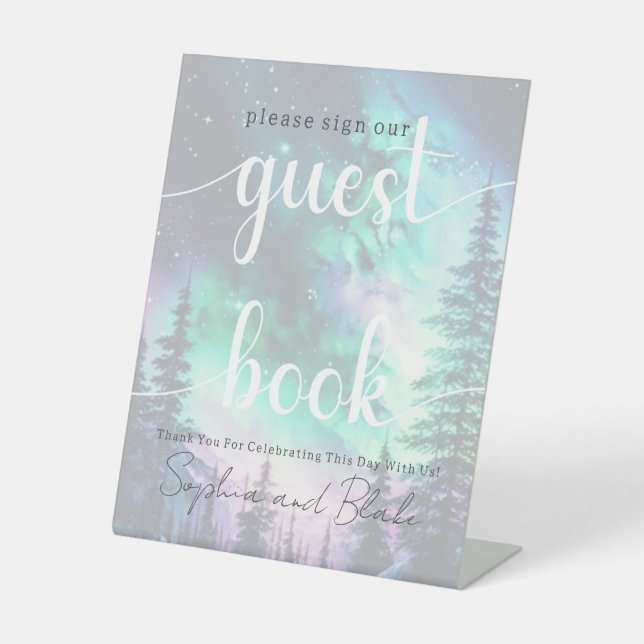 Northern Lights Wedding Guest Book Pedestal Sign (Front)