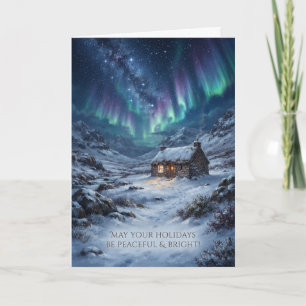 Northern Lights Winter Cabin Christmas Card