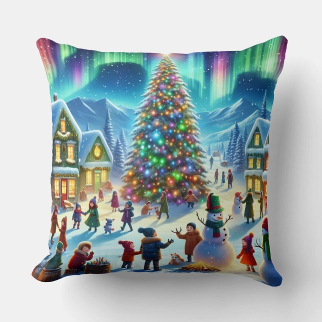 Northern Lights Winter Christmas Celebration Cushion (Front)