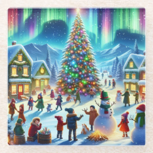Northern Lights Winter Christmas Celebration Glass Coaster