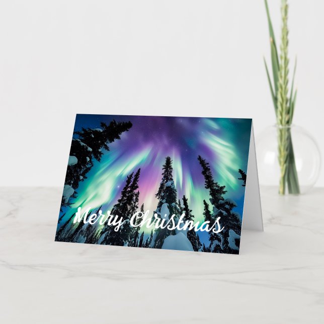 Northern Lights Winter Forest Merry Christmas Foil Holiday Card (Front)