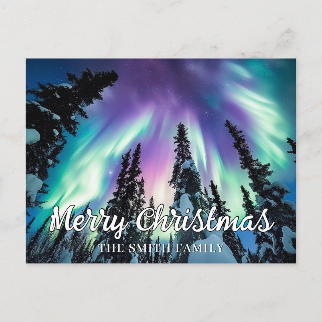 Northern Lights Winter Forest Merry Christmas Postcard (Front)