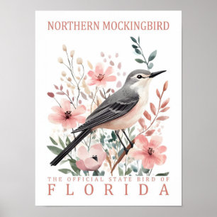Northern Mockingbird Bird of Florida USA Travel Poster