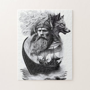 northern mythology Odin Fenriswolf and viking ship Jigsaw Puzzle