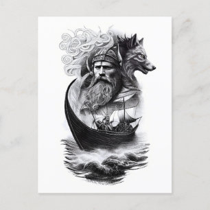 northern mythology Odin Fenriswolf and viking ship Postcard