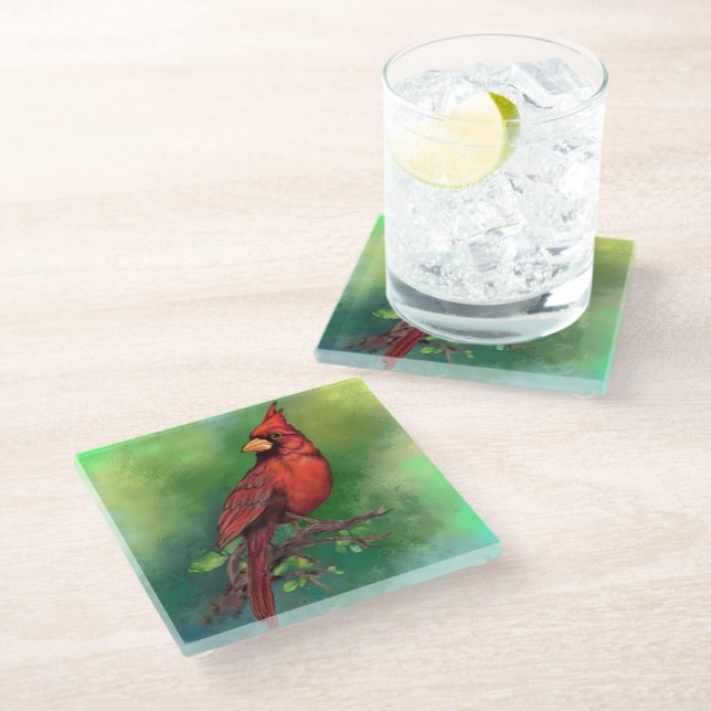 Northern Red Cardinal Bird Glass Coaster Painting (Angled)