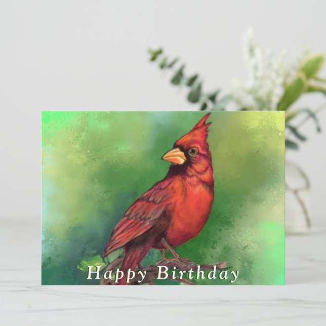 Northern Red Cardinal Bird Happy Birthday Card (Standing Front)