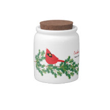 Northern Red Cardinal Bird Pine Branch Candy Jar