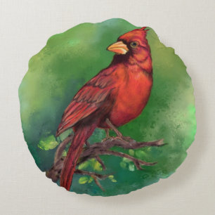 Northern Red Cardinal Bird Round Pillow - Painting