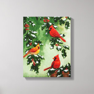 Northern Red Cardinals and Christmas Holly Canvas Print