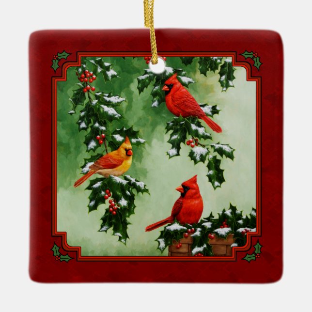 Northern Red Cardinals and Holly Red Ceramic Tree Decoration (Front)