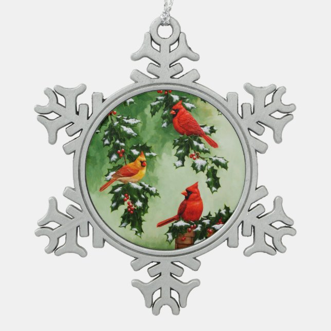 Northern Red Cardinals and Holly Snowflake Pewter Christmas Ornament (Front)