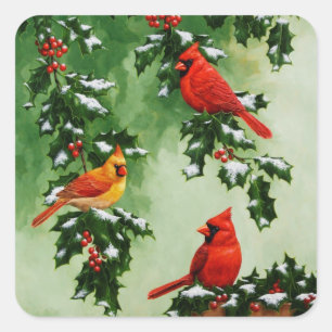 Northern Red Cardinals and Holly Square Sticker