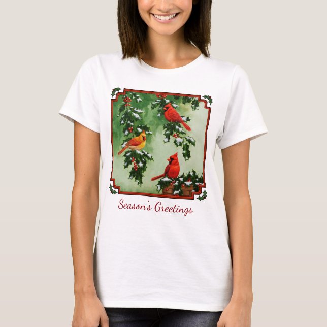 Northern Red Cardinals and Holly T-Shirt (Front)