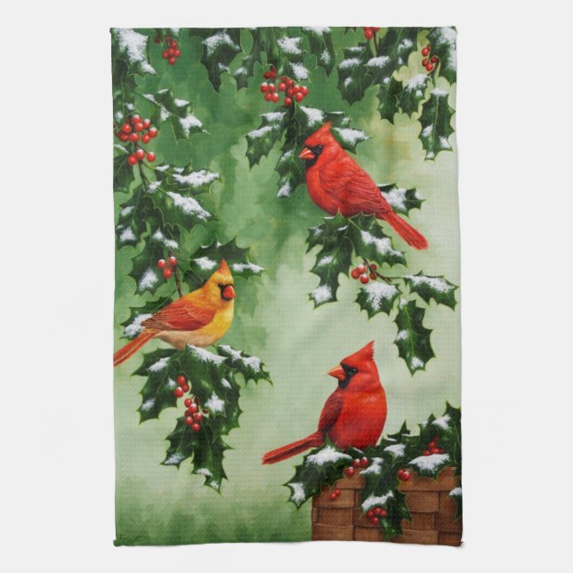 Northern Red Cardinals and Holly Tea Towel (Vertical)