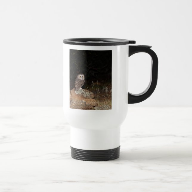 Northern Saw Whet Owl hunting at night Travel Mug (Right)
