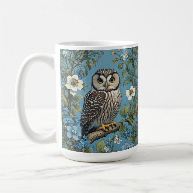 Northern Saw-Whet Owl William Morris Inspired Coffee Mug (Left)