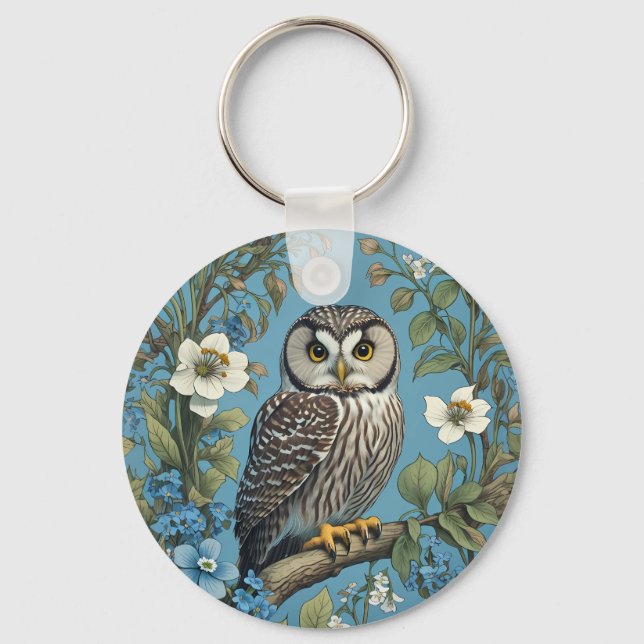 Northern Saw-Whet Owl William Morris Inspired Key Ring (Front)