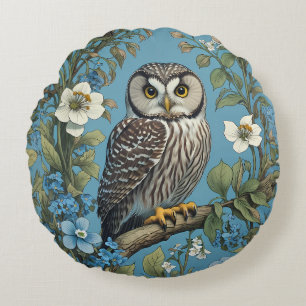 Northern Saw-Whet Owl William Morris Inspired Round Cushion