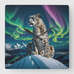 “Northern Sky Wanderer” – Snow Leopard Portrait Square Wall Clock