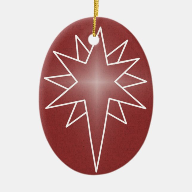 Northern Star Oval Christmas Ornament, Red Ceramic Tree Decoration (Front)