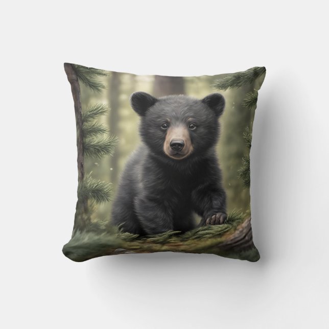 Northern Woods Little Black Bear Cub Throw Pillow (Front)