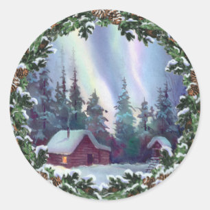NORTHERNLIGHTS LOG CABIN & WREATH by SHARON SHARPE Classic Round Sticker